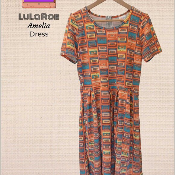 LuLaRoe "Amelia" Dress Cassette Tape Orange - Picture 6 of 6